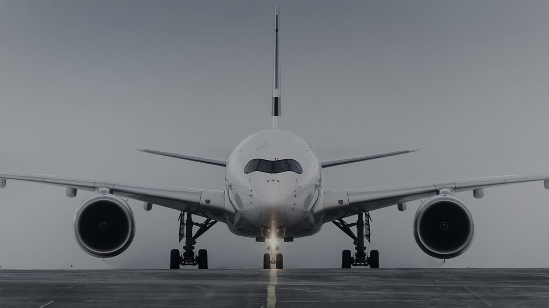 Commercial aircraft landing against a cloudy sky